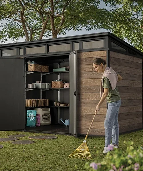 Keter Signature 7x11 ft Pent Walnut Plastic 2 door Shed with floor & 8 windows